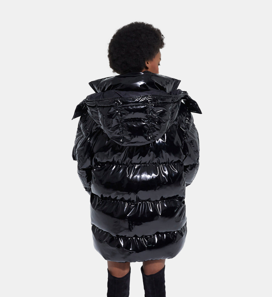 Oversized Vinyl Down Jacket With Straps And Logo | Women | Black