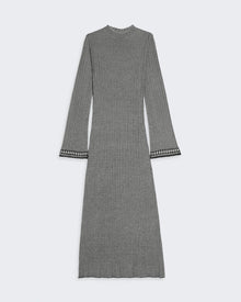 Fine Stripe Mockneck Dress - Midnight Cream with long bell sleeves and lace gingham stitch detail at hem and cuff.