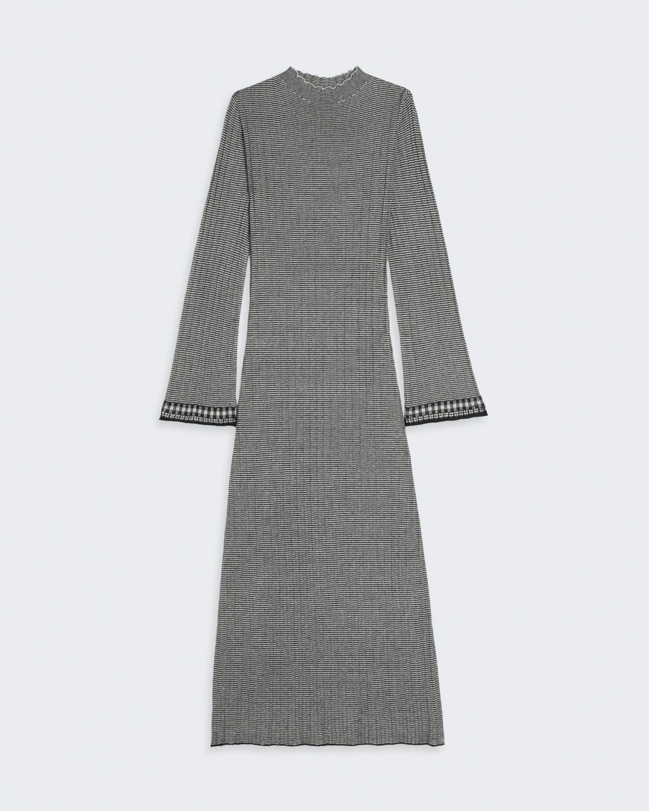 Fine Stripe Mockneck Dress - Midnight Cream with long bell sleeves and lace gingham stitch detail at hem and cuff.