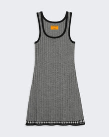 Fine Stripe Tank Dress - Midnight/Cream slim mini ribbed tank dress with roll trim neck and armhole, lace gingham hem detail