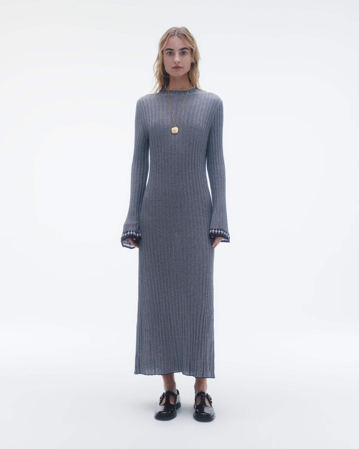 Womens | Fine Stripe Mockneck Dress | Midnight/Cream