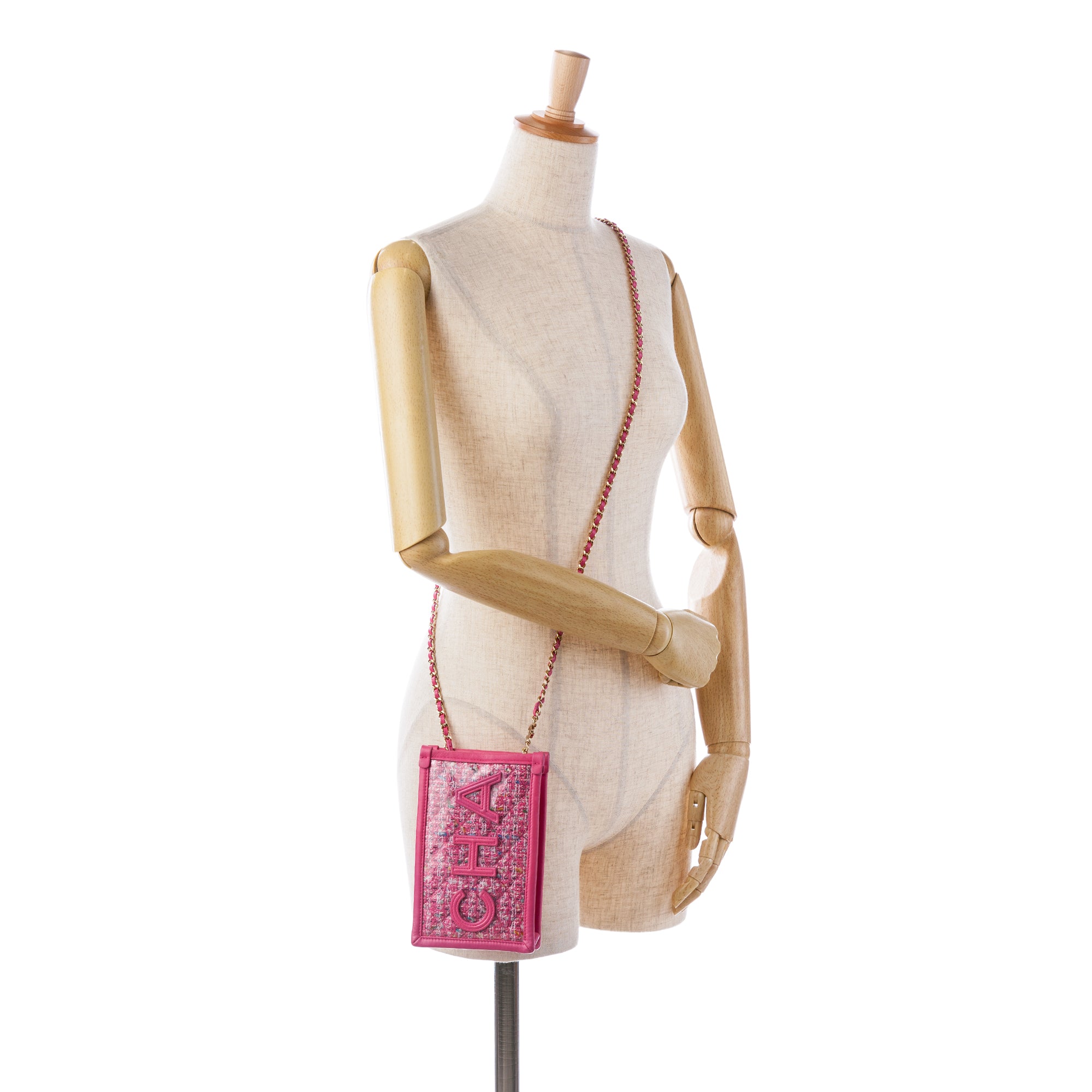 Chanel | Pre-Owned Tweed and PVC Phone Clutch with Chain | Pink