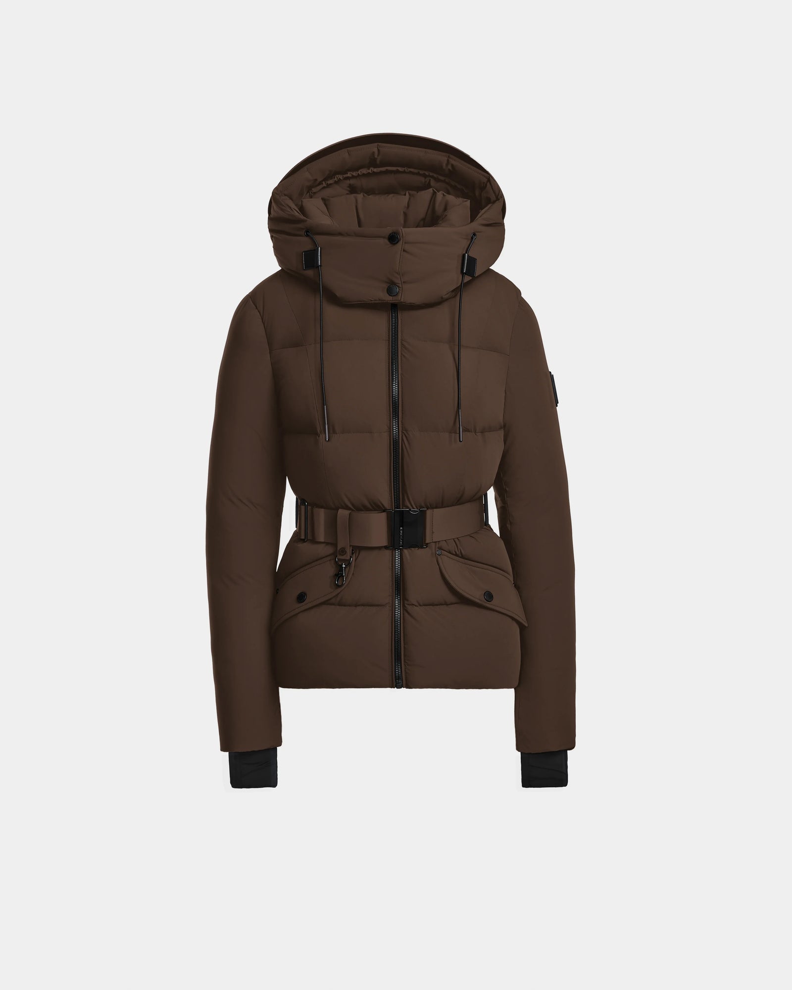 The Rudsak ADELINE - 8124544 Mocha is a brown quilted short down puffer jacket with a large hood, front zipper, and flap pockets, shown on a plain white background.
