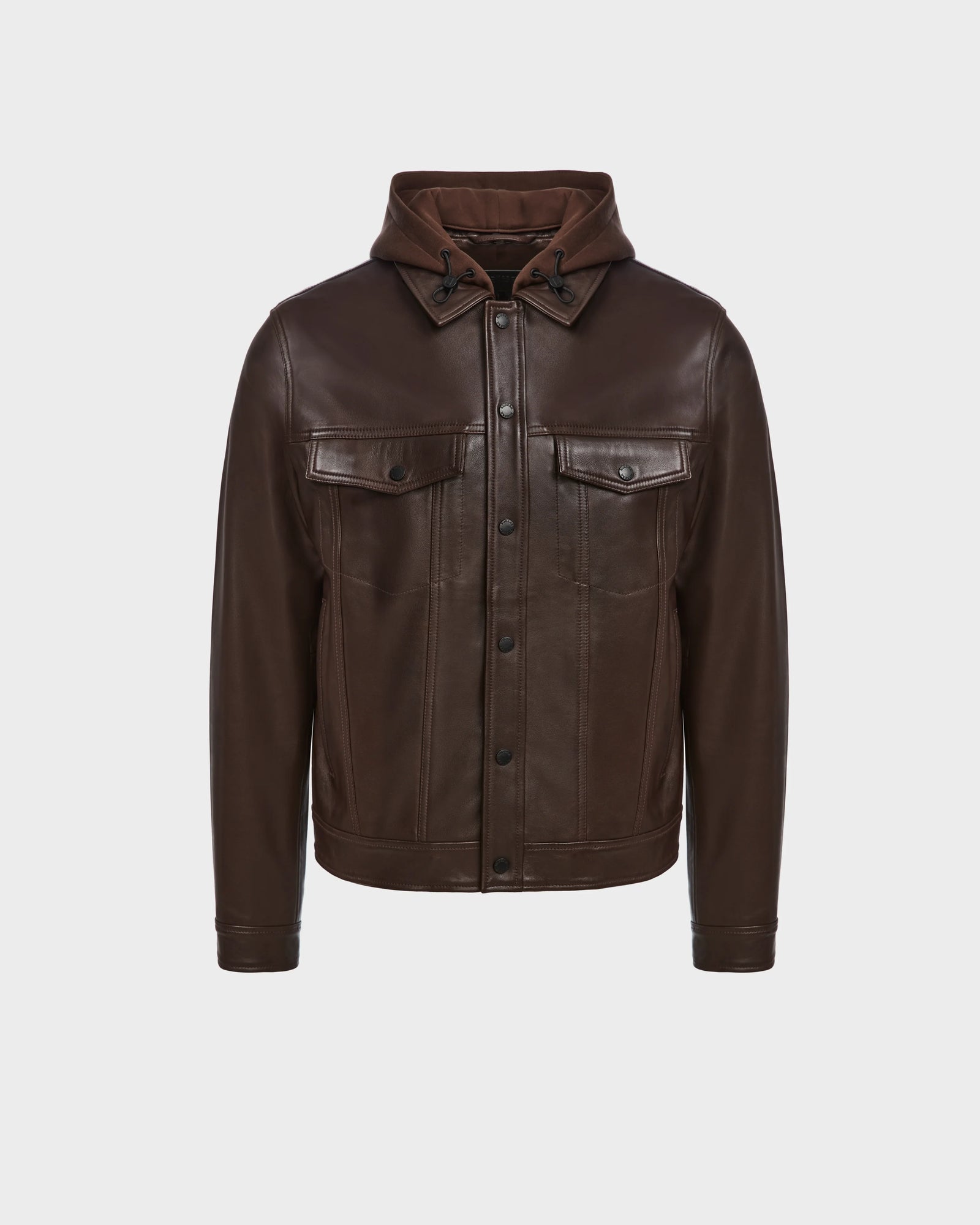 The AREN - 6124580 Espresso by Rudsak is a dark brown mens leather shirt jacket with front buttons, chest flap pockets, and a brown hood with drawstrings, shown on a plain white background. Inspired by the iconic RUDSAK AREN style.