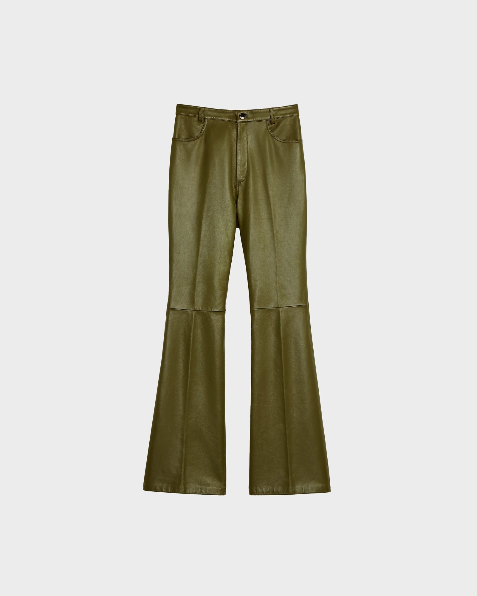 Rudsak CARISSA - 8524545 Loden Green womens faux leather pants feature front pockets, button and zipper closure, and dramatic wide bell-bottom legs, shown against a plain white background.