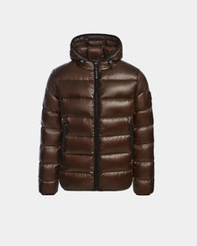 The Rudsak DEMIAN S - M123508 Espresso mens down puffer jacket, featuring a hood, front zipper, and two side pockets, is displayed against a plain white background.