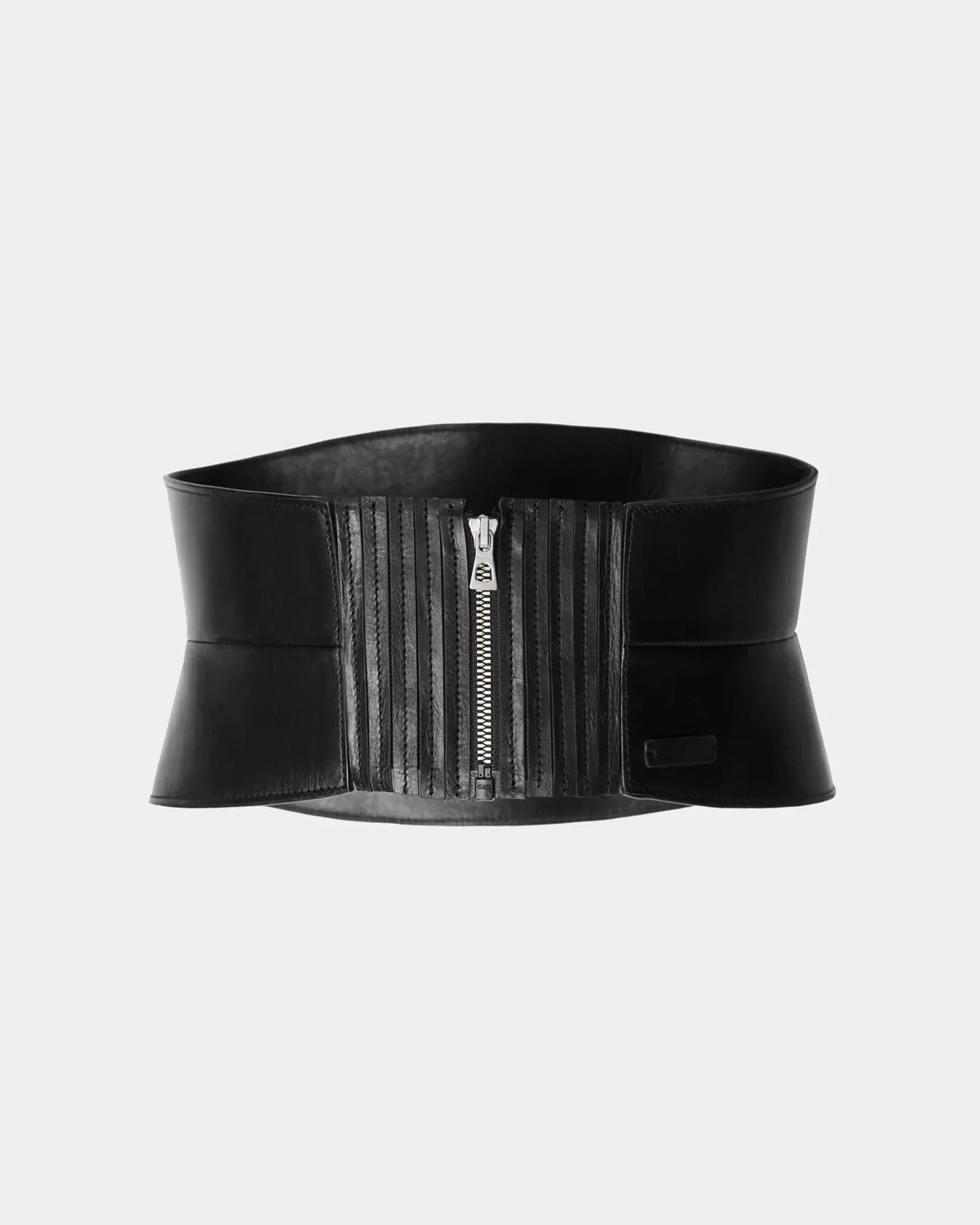 The LEA - 8424519 Black by Rudsak is a women’s wide leather corset belt with a front silver zipper, vertical stitched details, and a stretch back waist for comfort, shown on a plain light gray background.