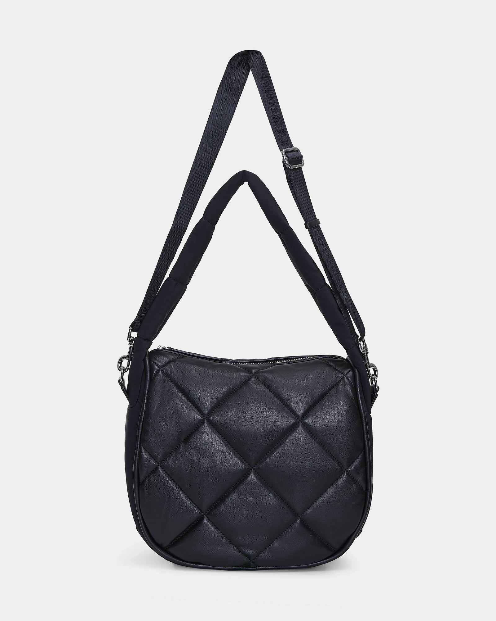 The Rudsak NIOBE L - 8324503 Black is a black quilted shoulder bag featuring two adjustable straps, silver hardware, and a diamond-patterned front, showcased against a plain white background.