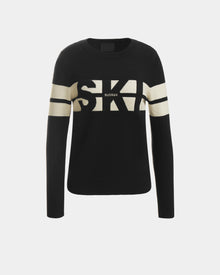 The ODESSA - 8523540 Black by Rudsak is a black long-sleeve crewneck sweater with bold beige stripes and SKA text, plus subtle Rudsak branding on the front. Perfect for winter, shown on a plain white background.