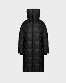 The Rudsak SASH - 8124536 Black womens long down puffer coat features RDS-certified down, a high padded collar, and a modern quilted square pattern—your perfect winter go-to. Shown on a plain light gray background.