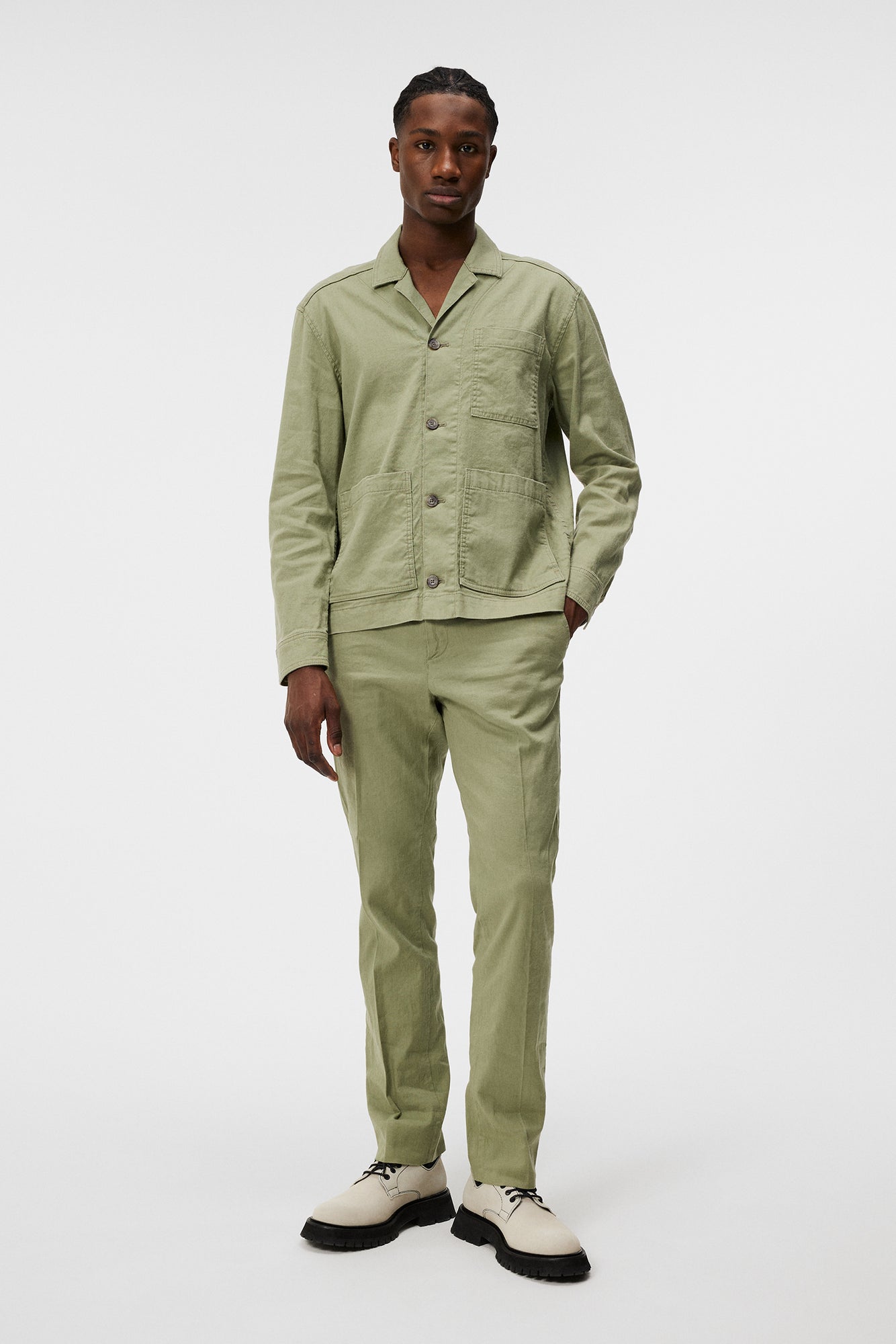Men | Errol Linen workwear overshirt | Oil Green