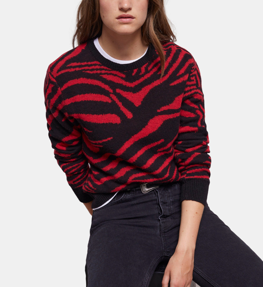 Printed Crew Neck Sweater | Women | Black x Red