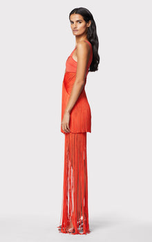 Draped Fringe Cut Out Gown | Flame