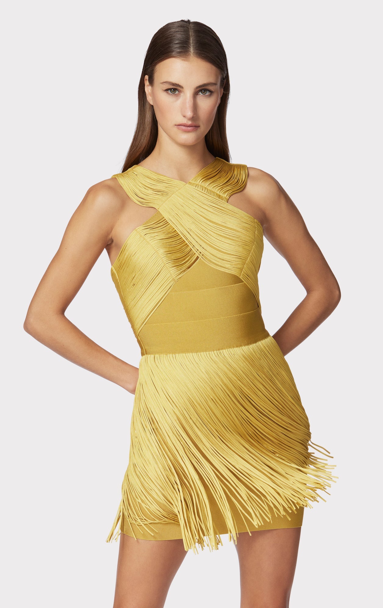 Crossover Halter Fringe Mini Dress | Goldenrod