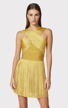 Crossover Halter Fringe Mini Dress | Goldenrod