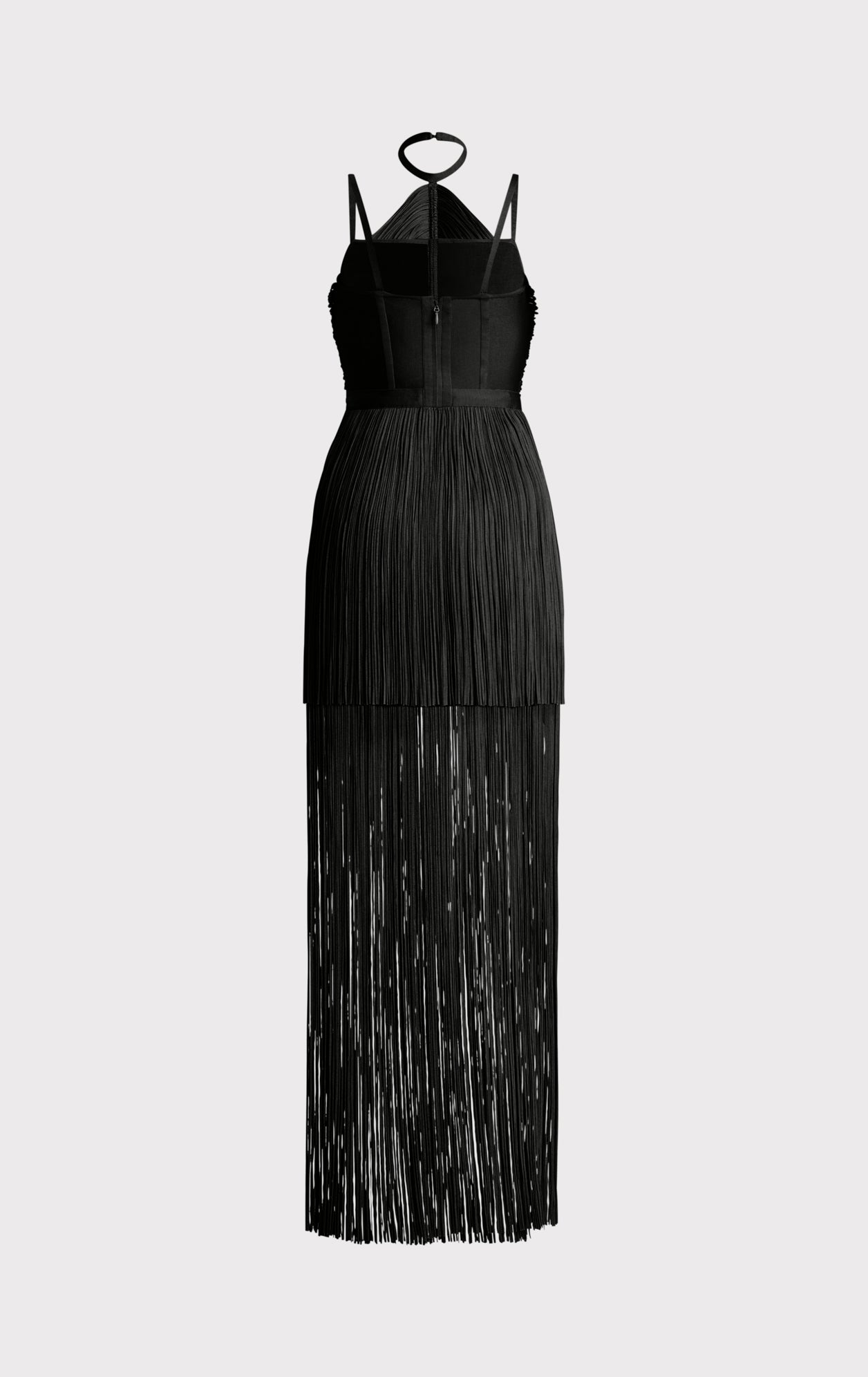 Draped Fringe Strappy Halter Gown | Black