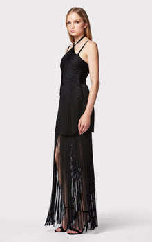 Draped Fringe Strappy Halter Gown | Black