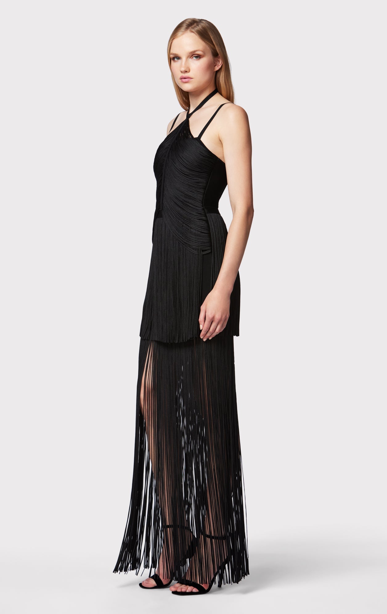 Draped Fringe Strappy Halter Gown | Black