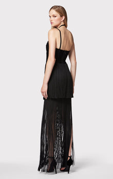 Draped Fringe Strappy Halter Gown | Black