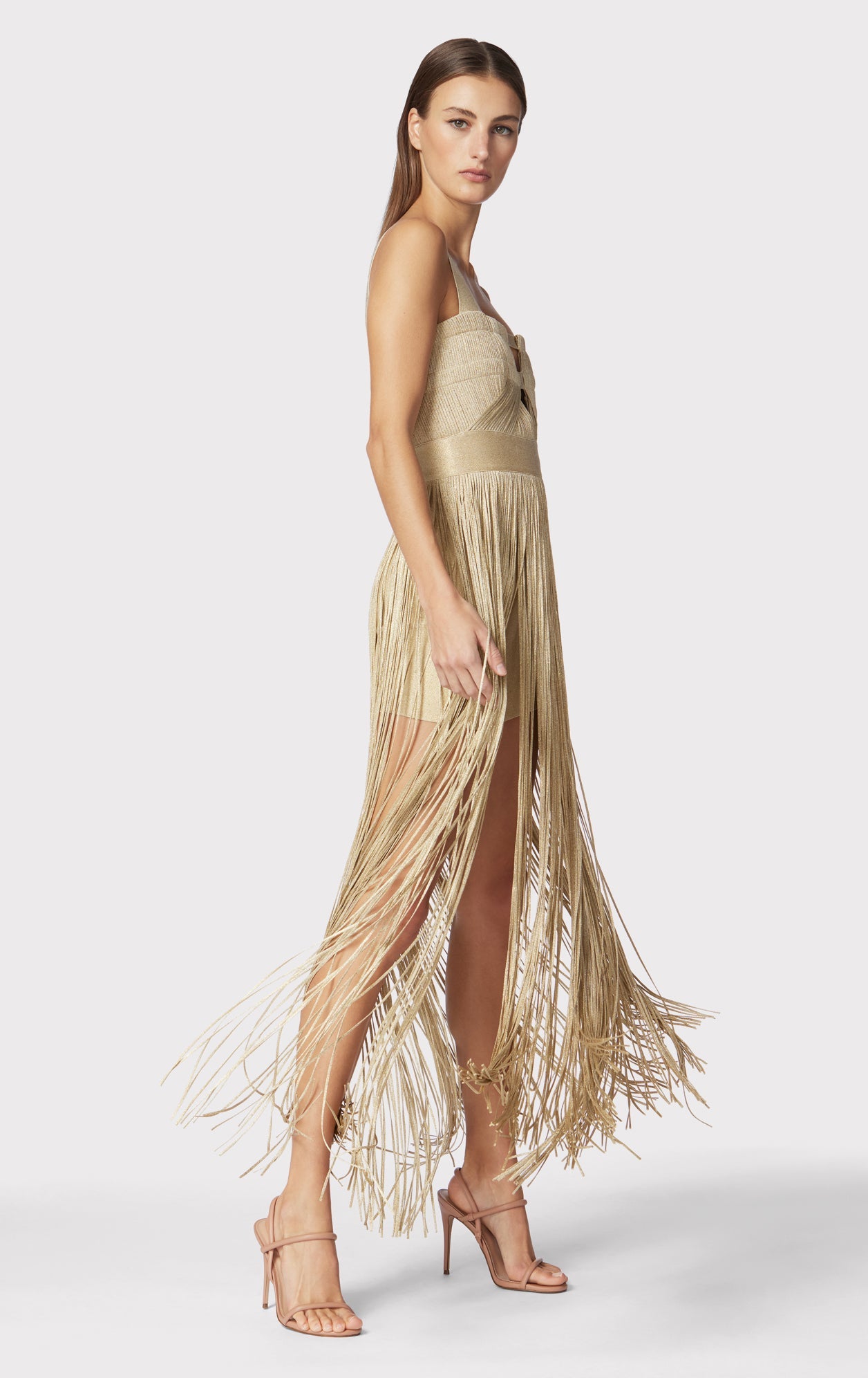 Contour Bust Metallic Fringe Gown | Metallic Gold