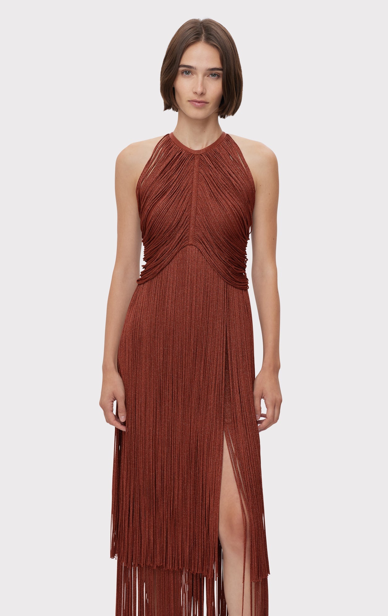 Metallic Draped Fringe Halter Gown | Metallic Redwood