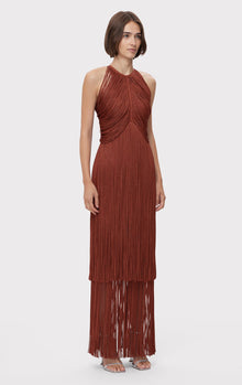 Metallic Draped Fringe Halter Gown | Metallic Redwood