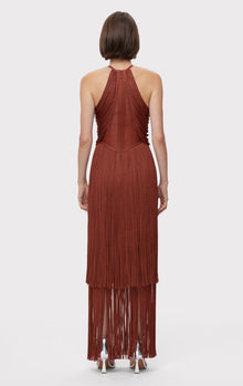 Metallic Draped Fringe Halter Gown | Metallic Redwood