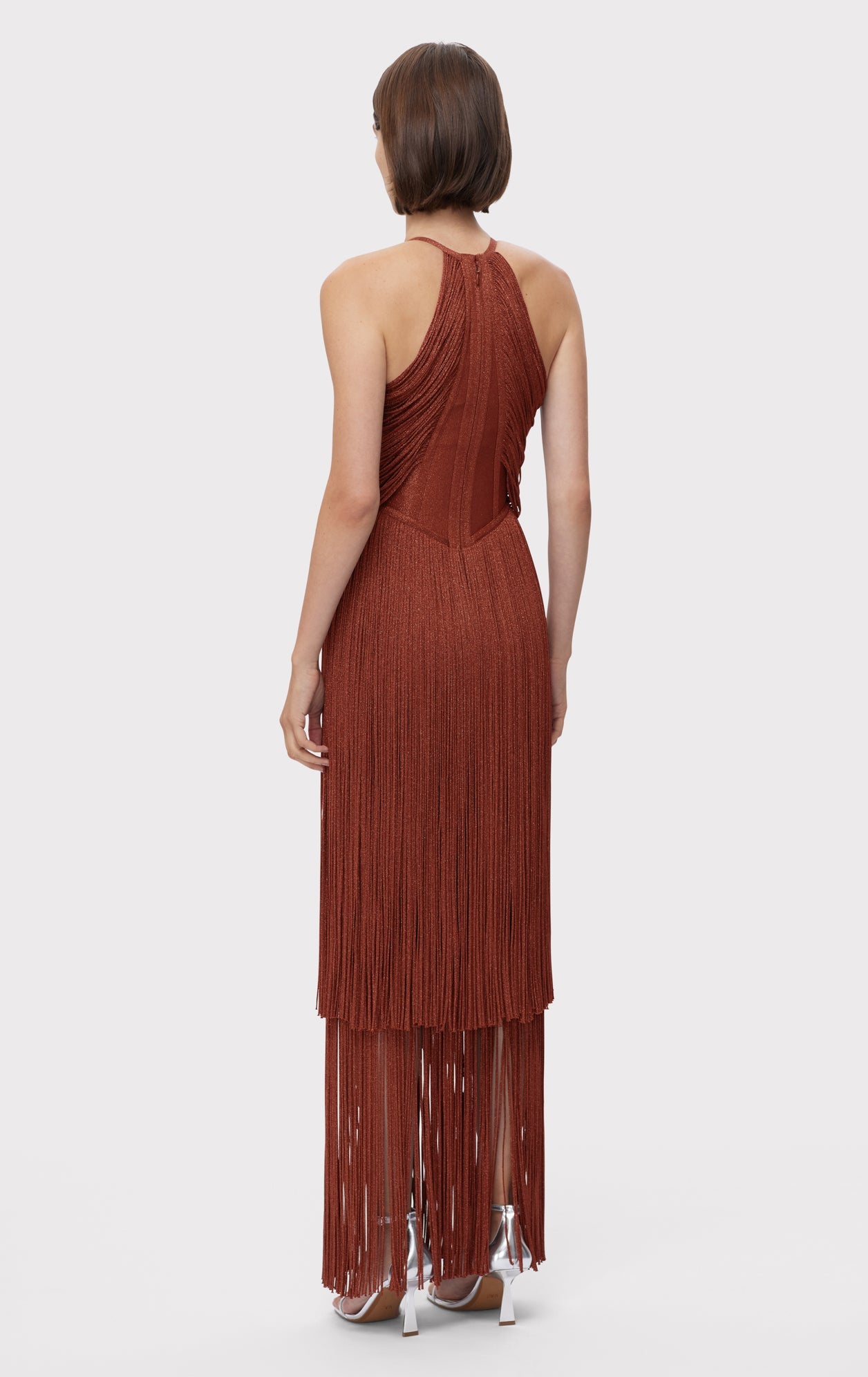 Metallic Draped Fringe Halter Gown | Metallic Redwood