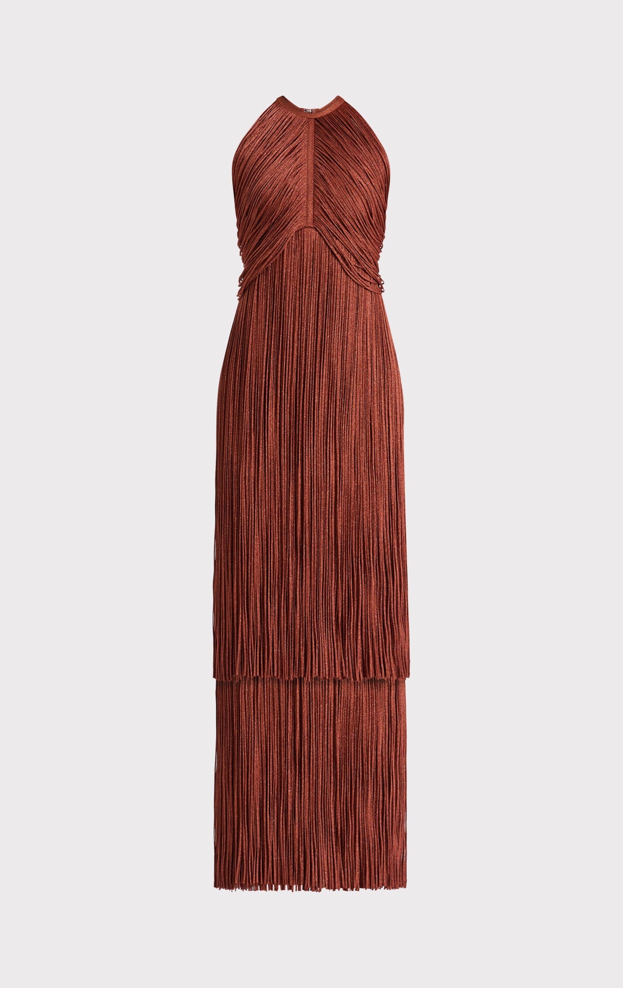 Metallic Draped Fringe Halter Gown | Metallic Redwood