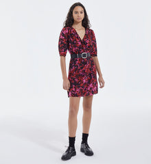 Red Printed Short Dress With Crossover Neck | Women | Pink