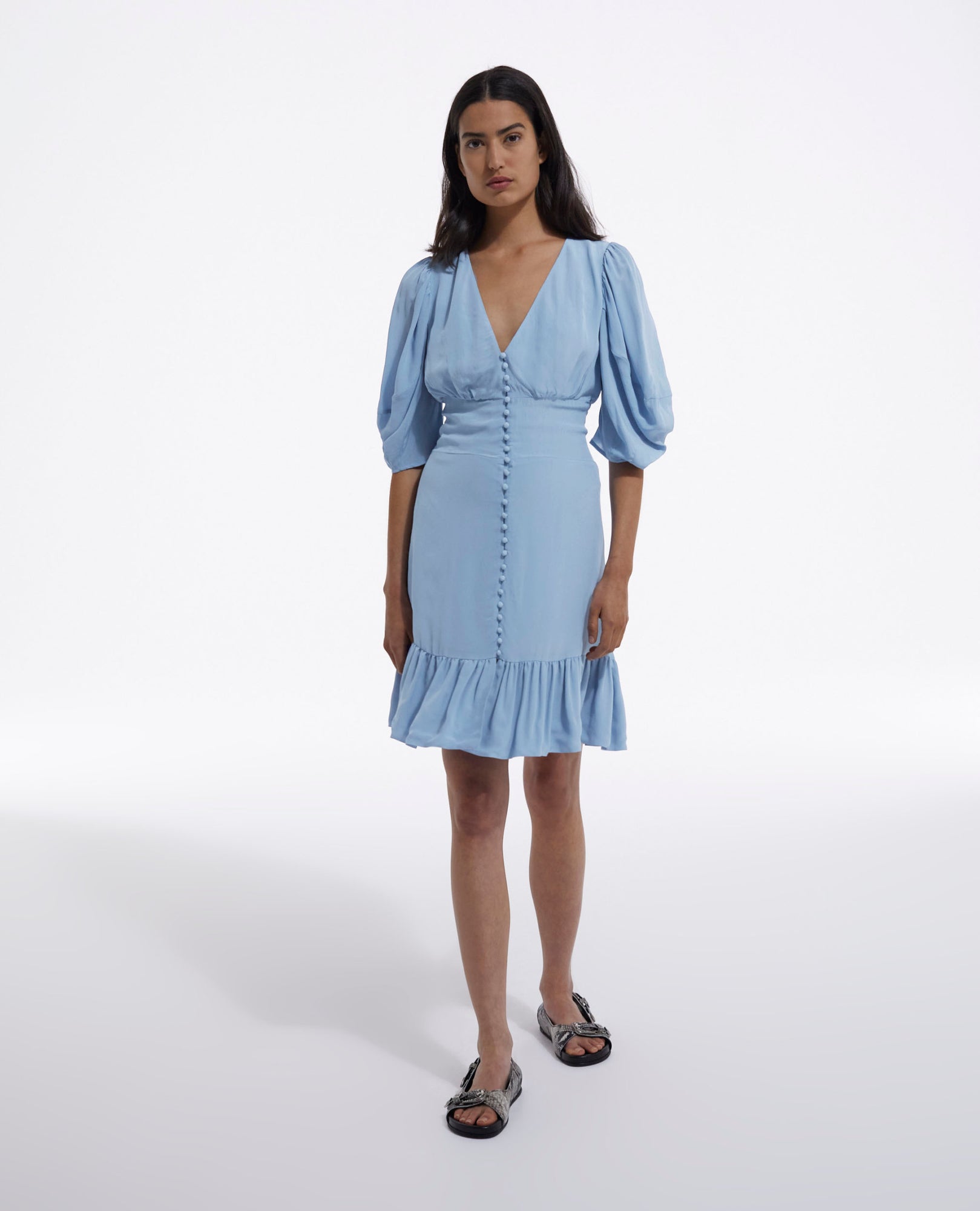 Short Dress With Covered Buttons | Women | Light Blue