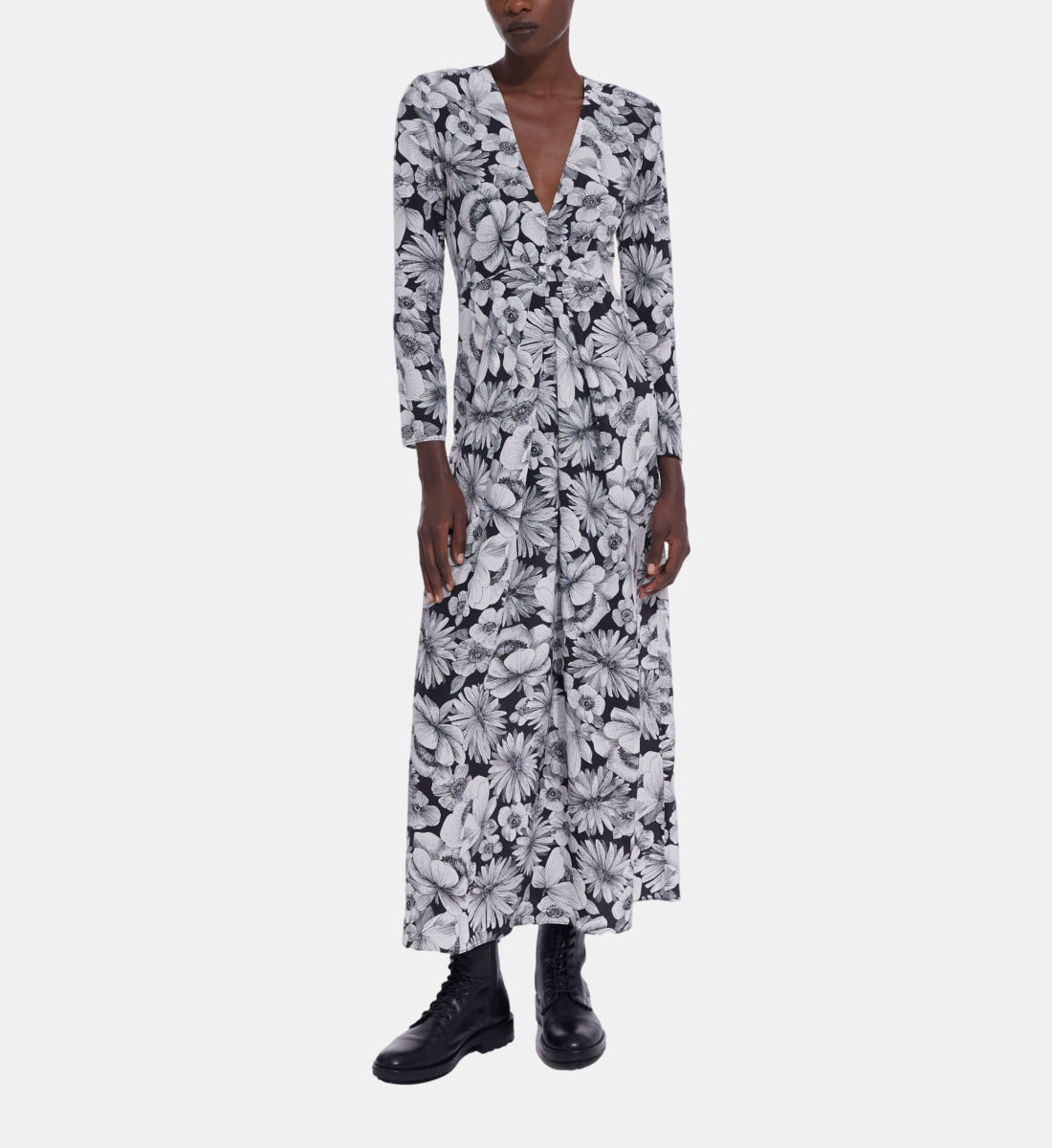 Long Floral Silk Dress | Women | Black x White