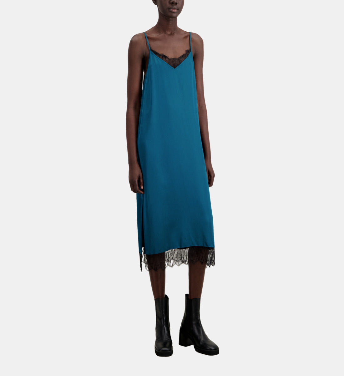 Long Slip Dress With Lace Details | Women | Medium Blue