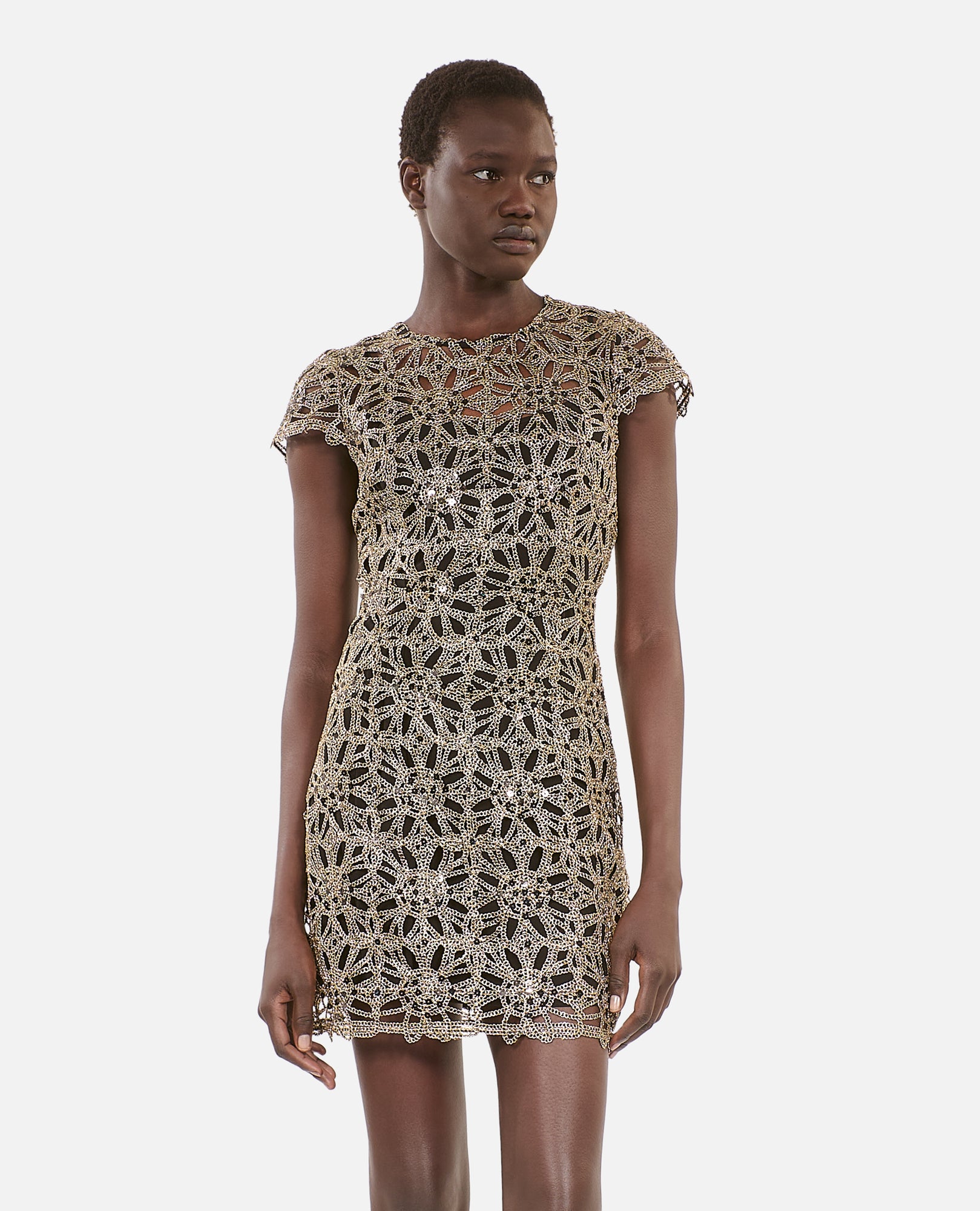 Short Dress In Golden Guipure | Women | Antic Gold