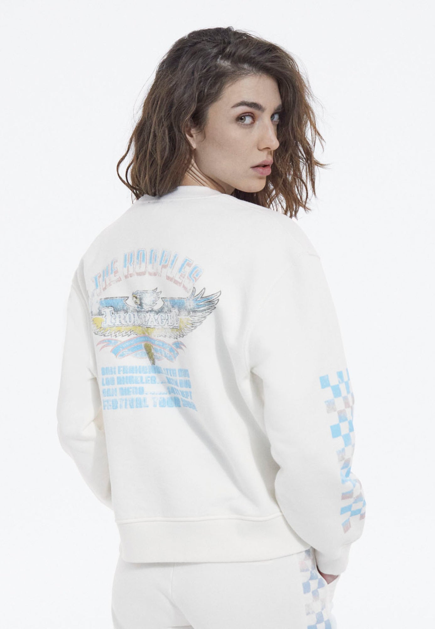 Screen Printed Check Motif Sweatshirt | Women | Ecru