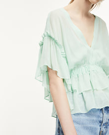 Flowing Green Top With Frills | Women | Mint