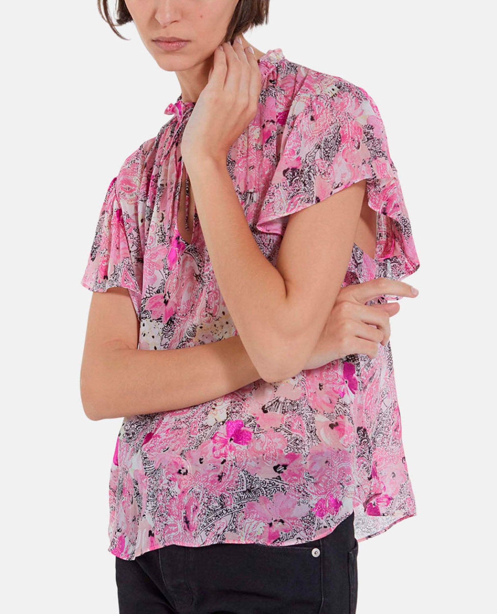 Flowing Frilly Top With Floral Print | Women | Pink