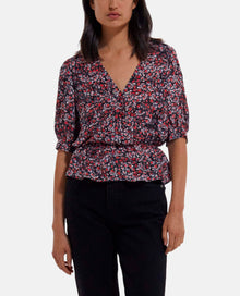 Short Sleeved Printed Wrap Top | Women | Black x Red