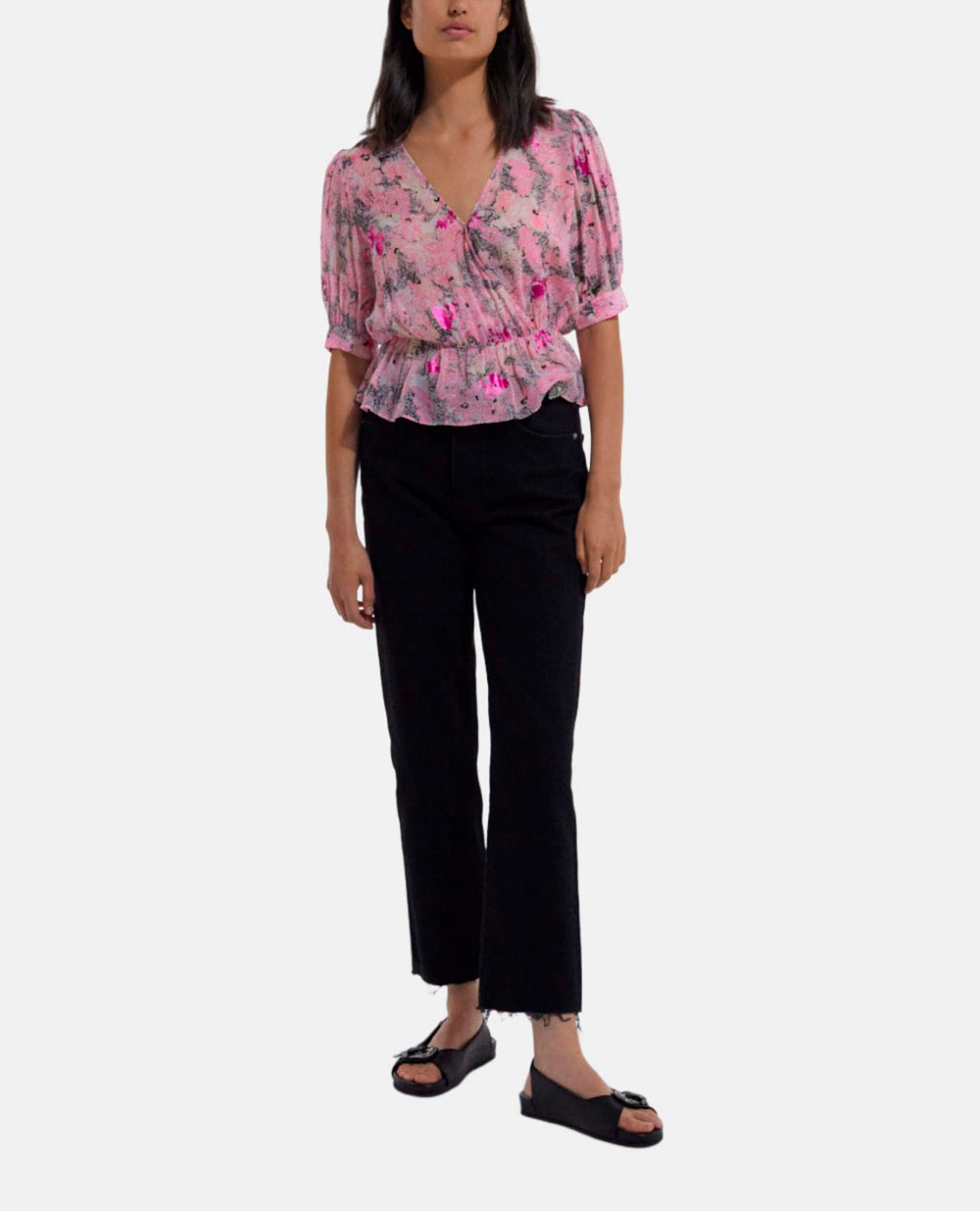 Short Sleeved Printed Wrap Top | Women | Pink