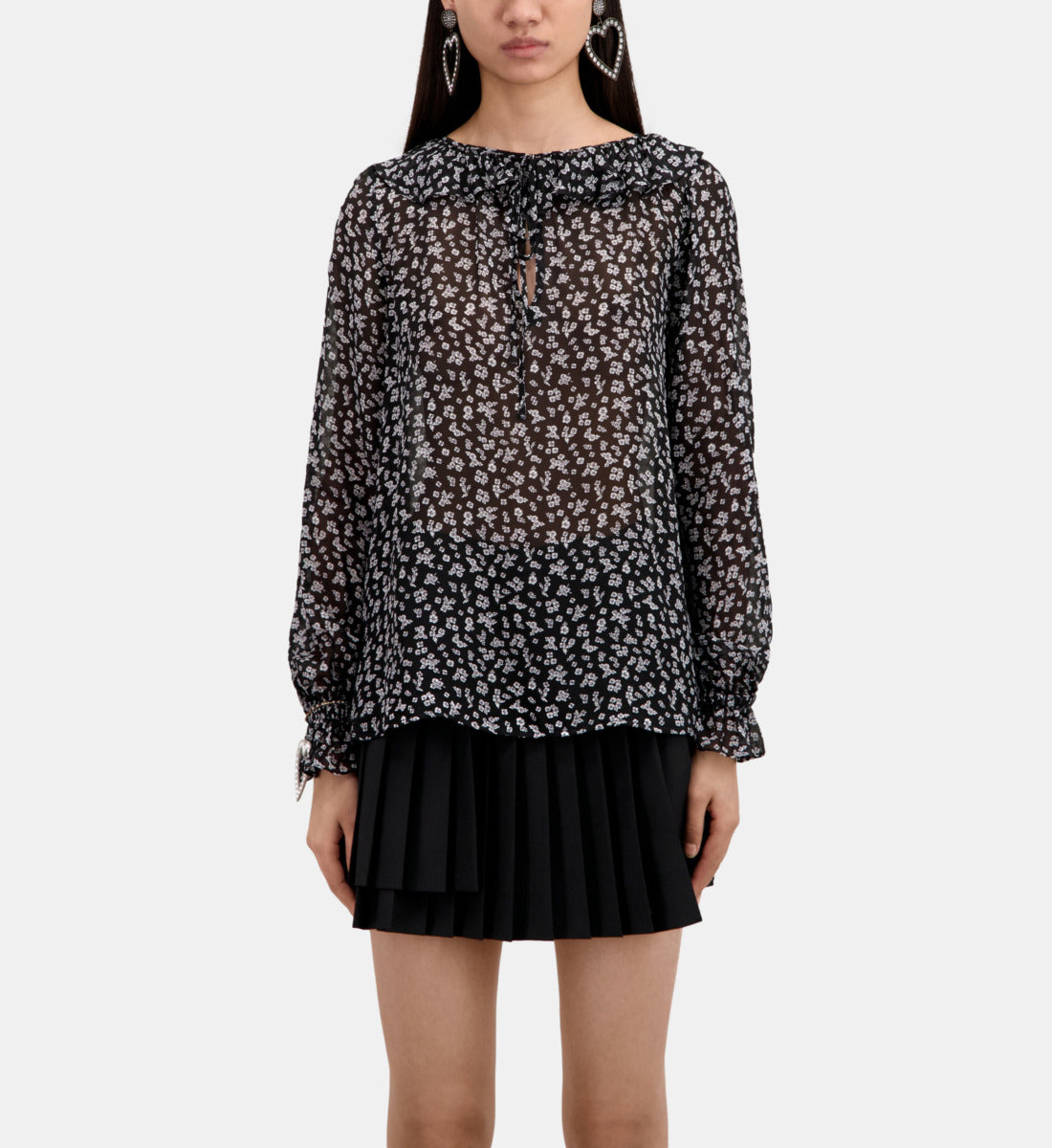 Printed Top With Ruffles | Women | Black x Ecru