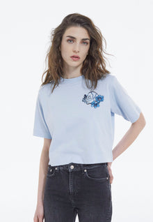 Cotton Embroidered T-Shirt W/ Crew Neck | Women | Blue