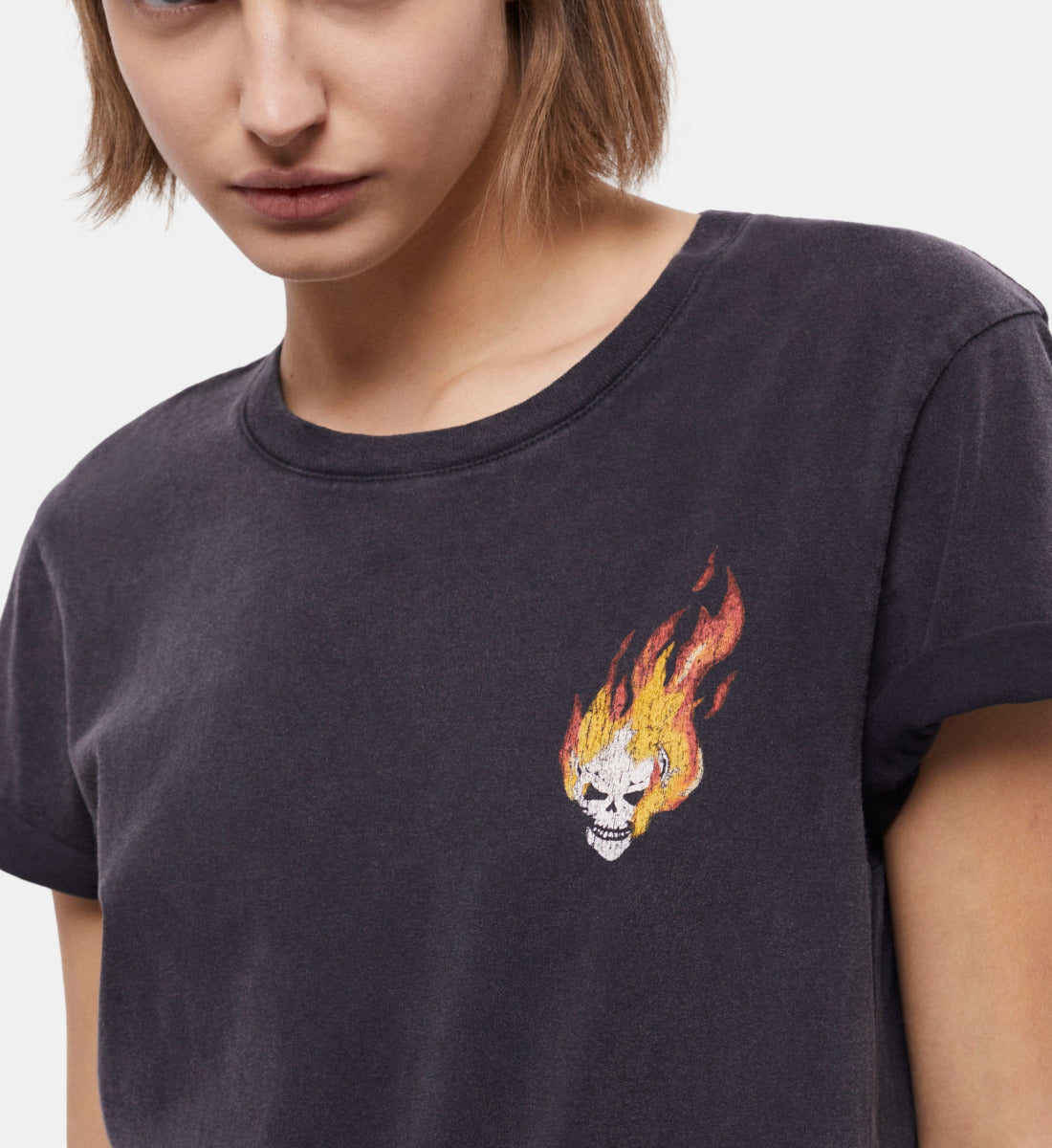 T-Shirt With Skull On Fire Print | Women | Black Washed