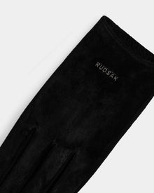 A close-up of Rudsak's FLORA - L425542 Black women’s glove, crafted from suede-like material with the brand logo near the wrist and featuring a warm wool-cashmere lining—perfect for winter.