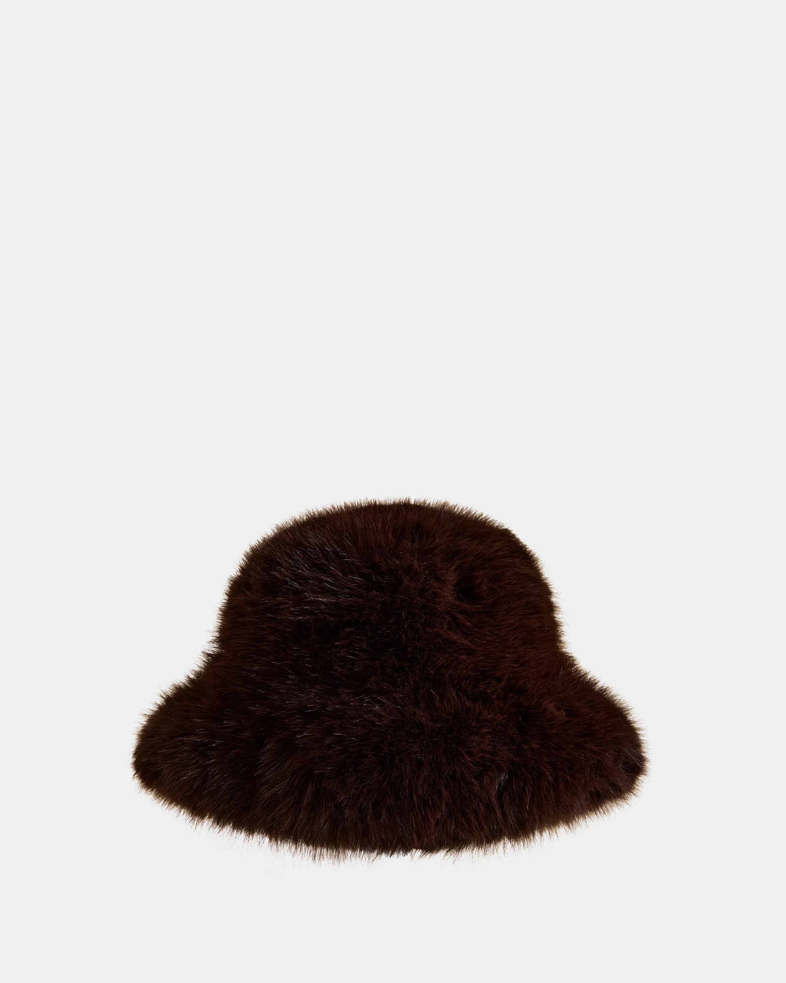 The Rudsak YURI - L425538 Espresso is a dark brown faux fur women’s bucket hat with a fluffy texture, perfect for winter, shown against a plain light gray background.