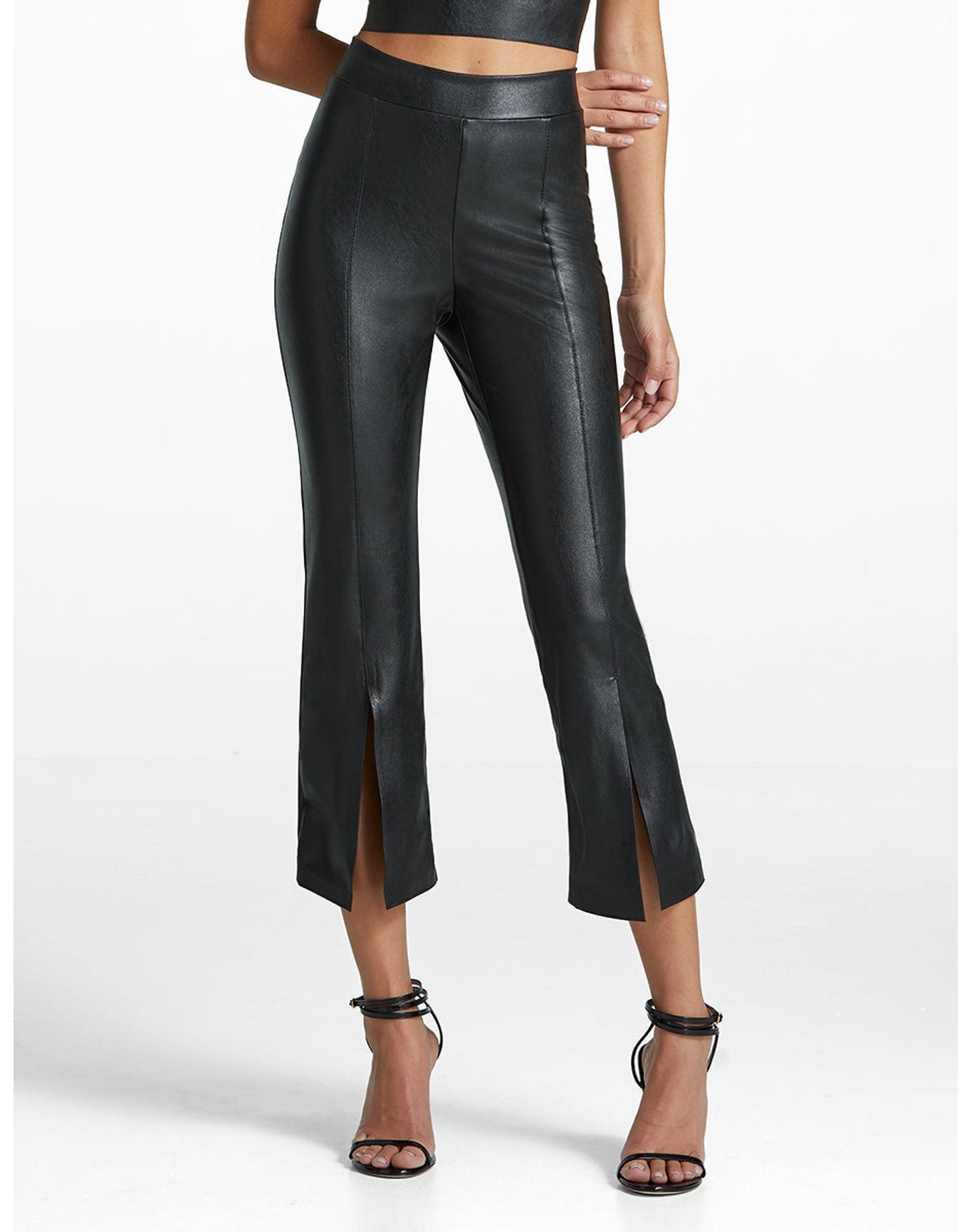 Faux Leather 7/8 Split Front Pant | Black