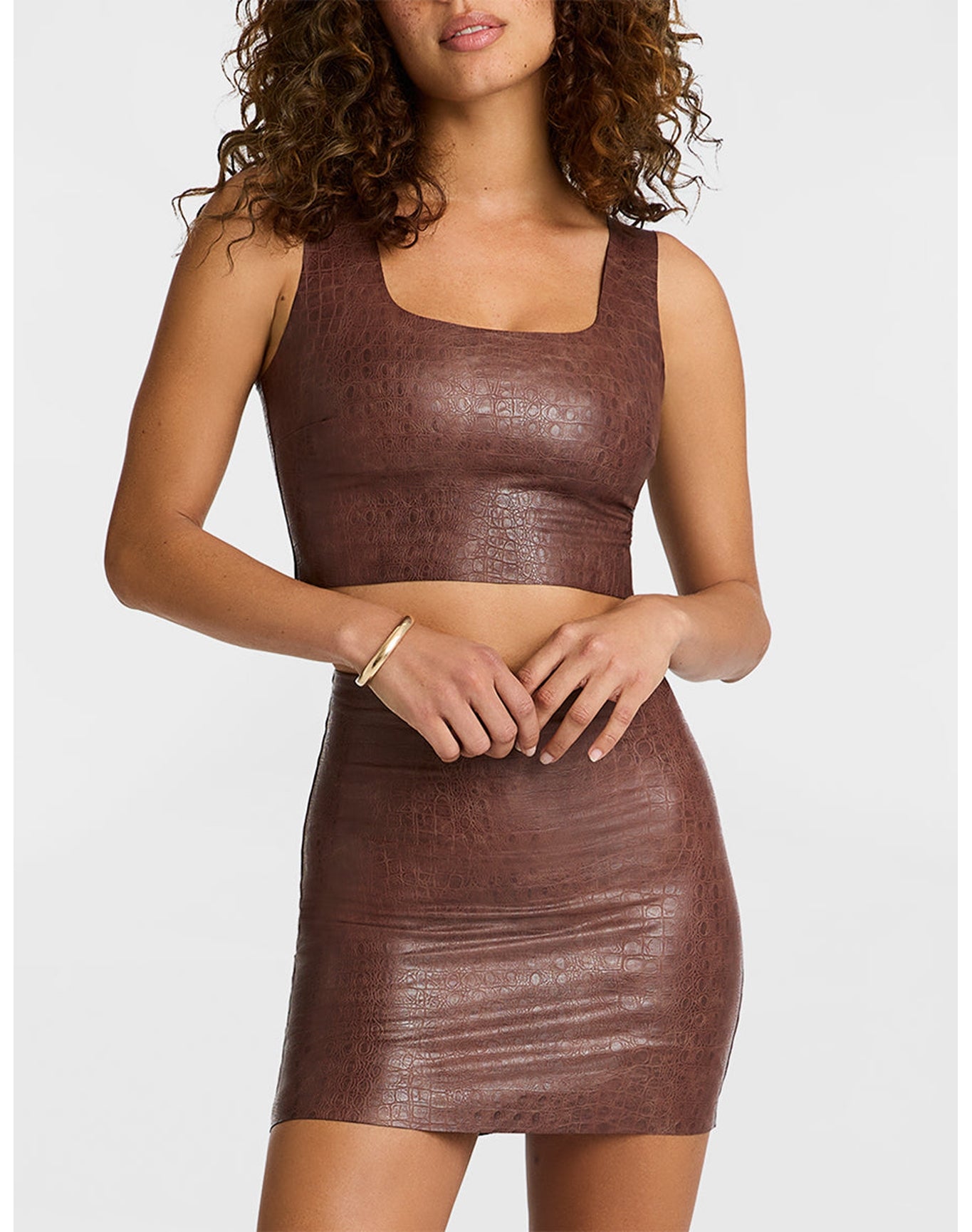 Faux Leather Animal Squareneck Crop Top | Brown Croc