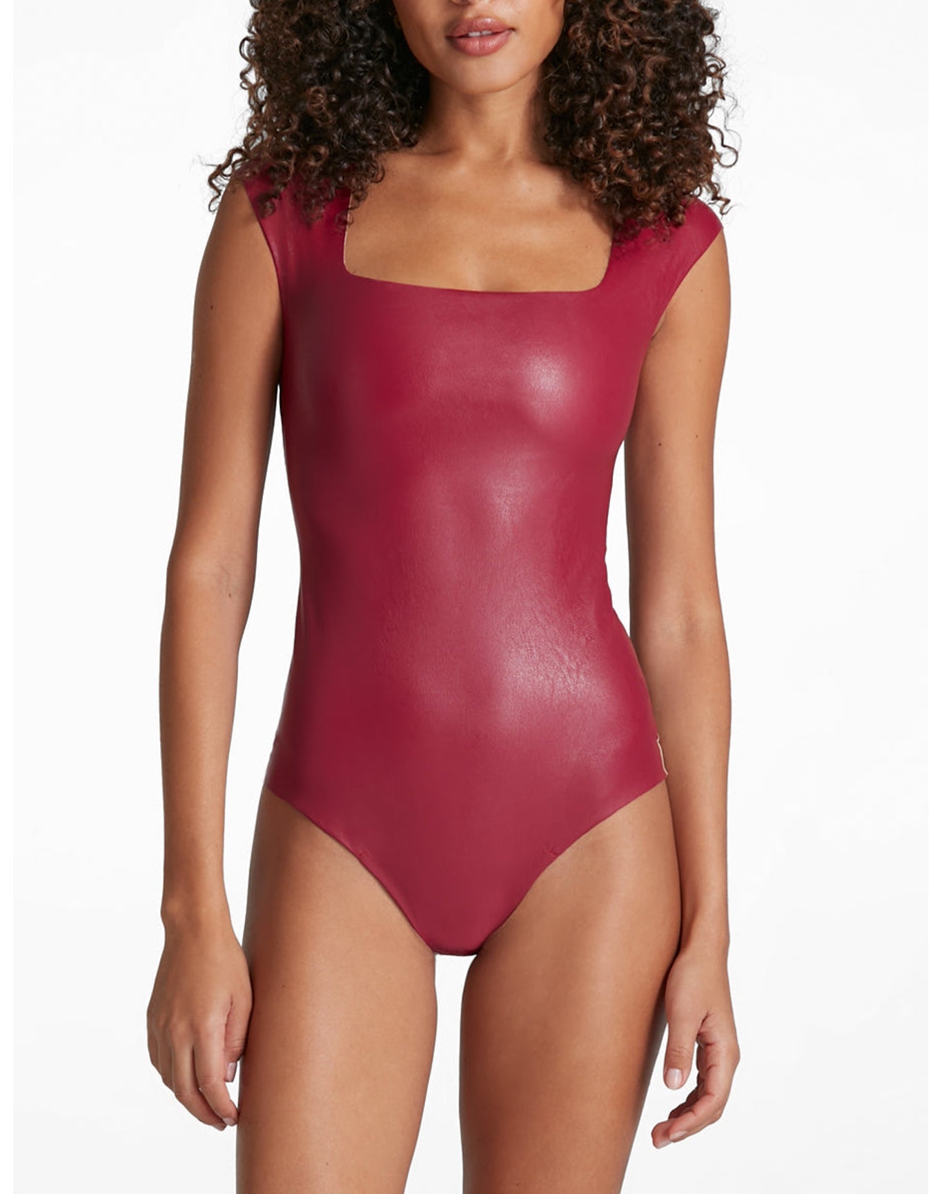 Faux Leather Cap Sleeve Bodysuit | Raspberry