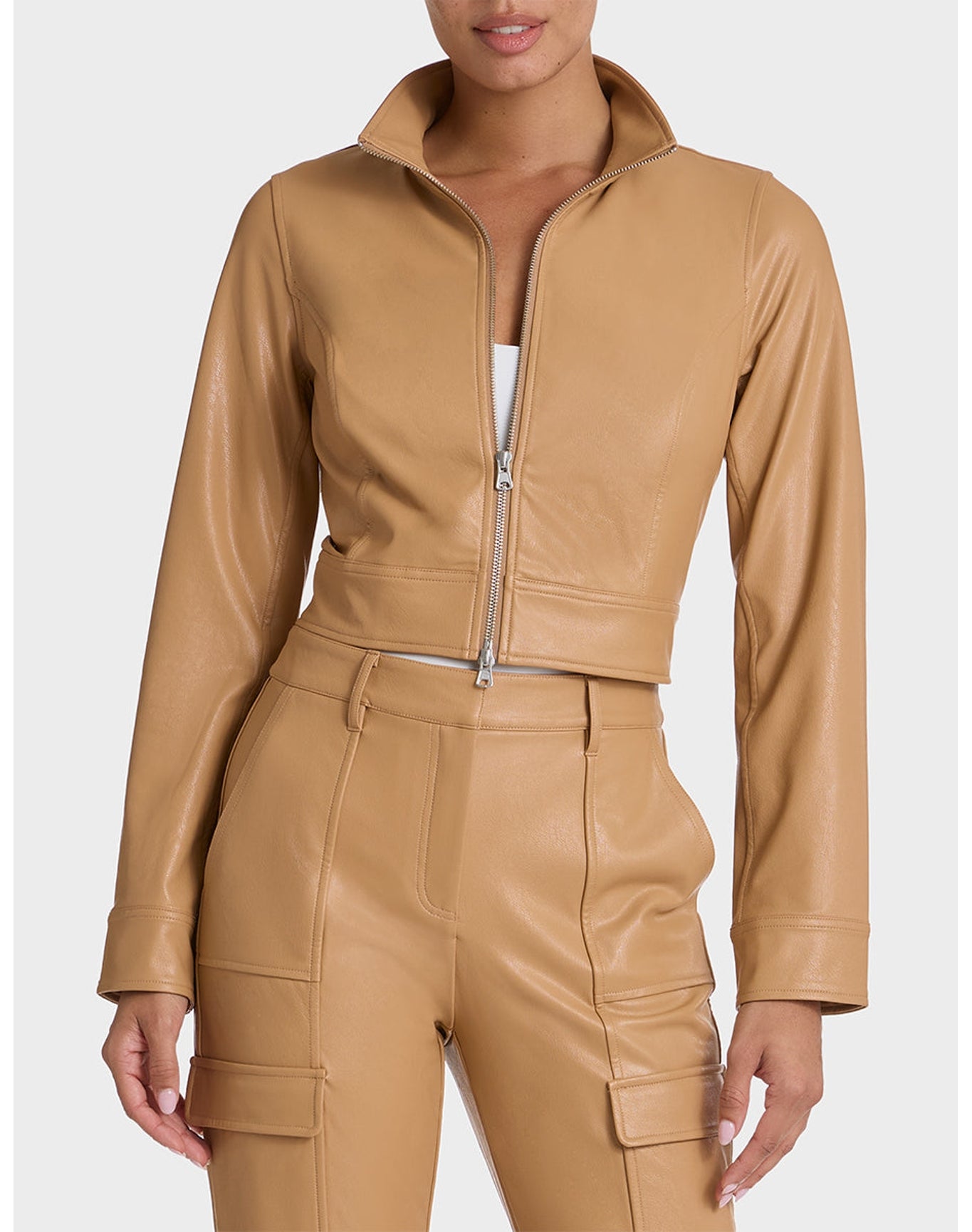 Faux Leather Cropped Biker Jacket | Camel