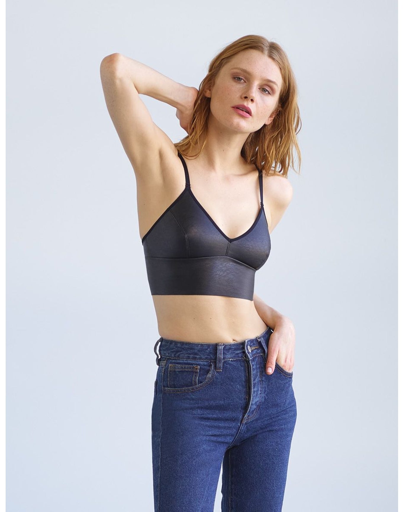 Faux Leather Longline Bralette | Black