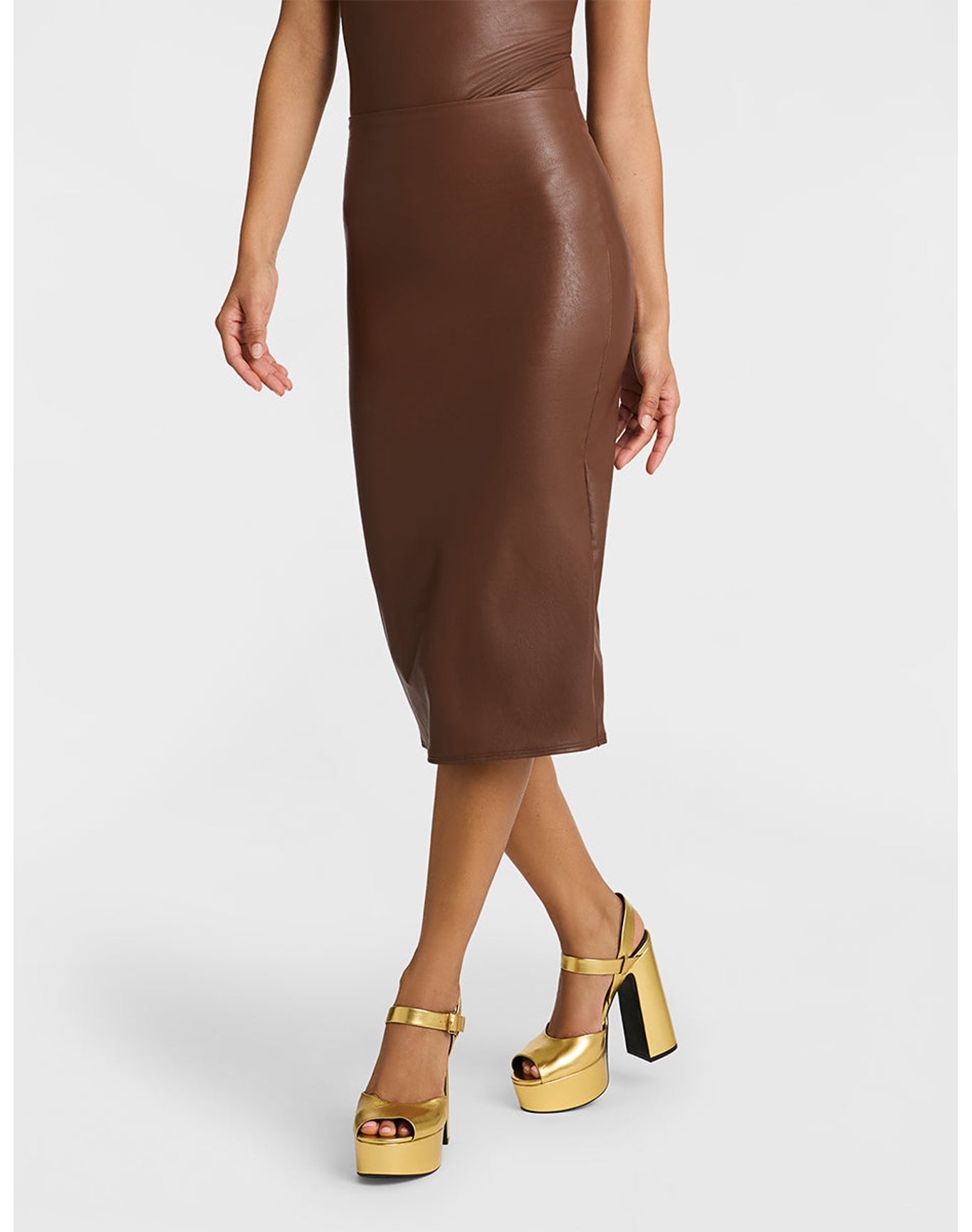 Faux Leather Midi Skirt | Chocolate
